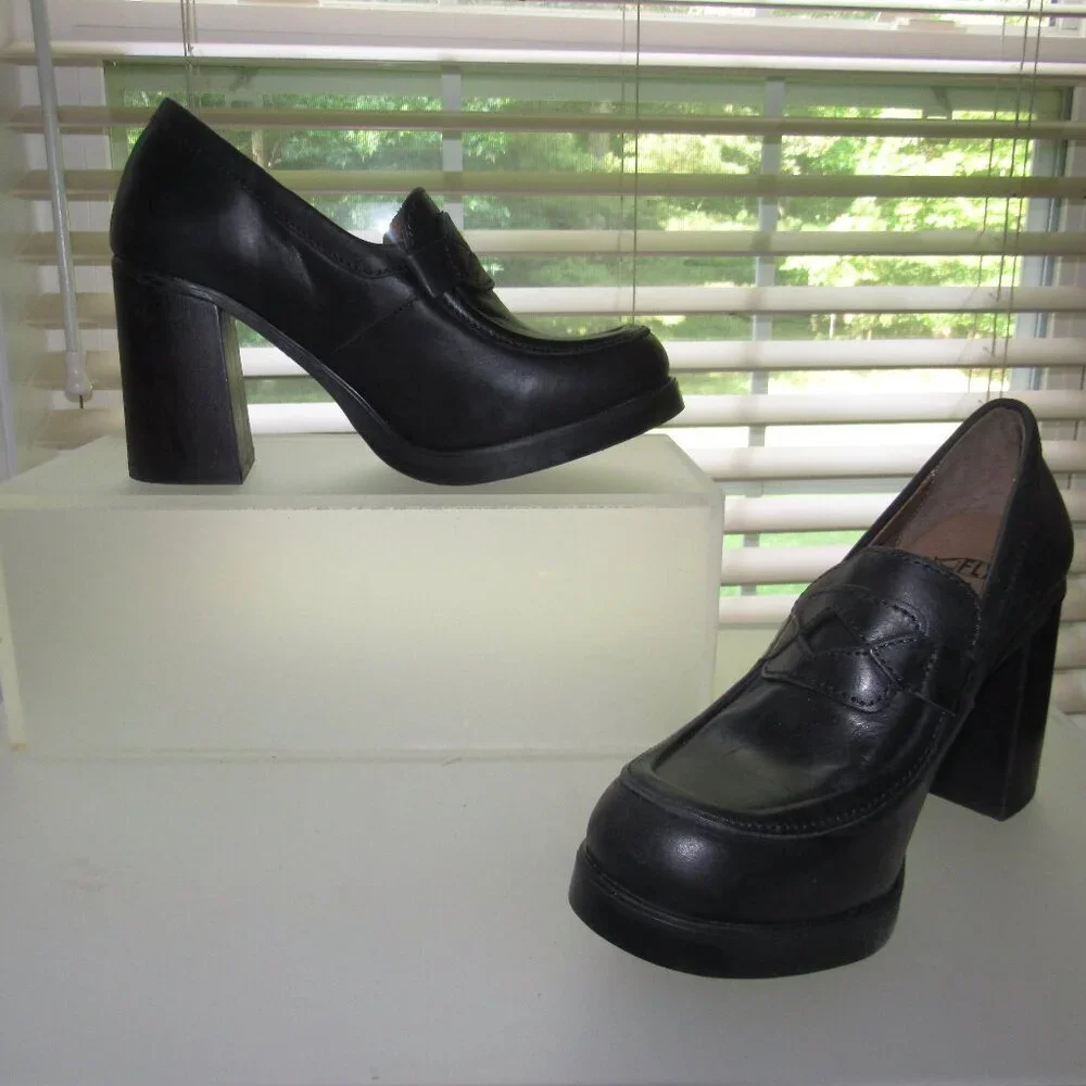 Fly London Black Leather Platform Loafer Block Heel Shoes 39– Preppy Y2K Chunky